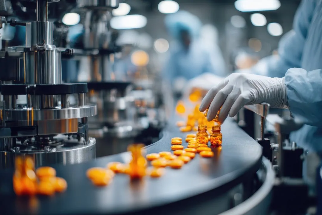 Pharmaceutical,Manufacturing,Line.,Workers,In,Protective,Gear,Handle,Pills,And